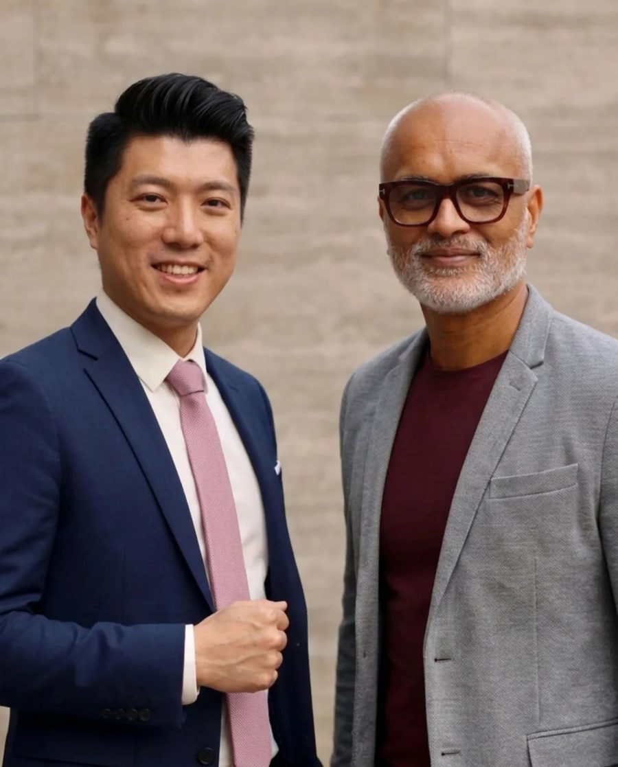 Kevin Yu and Leroy Niania, the founders of Mesura, standing together against a stone wall.