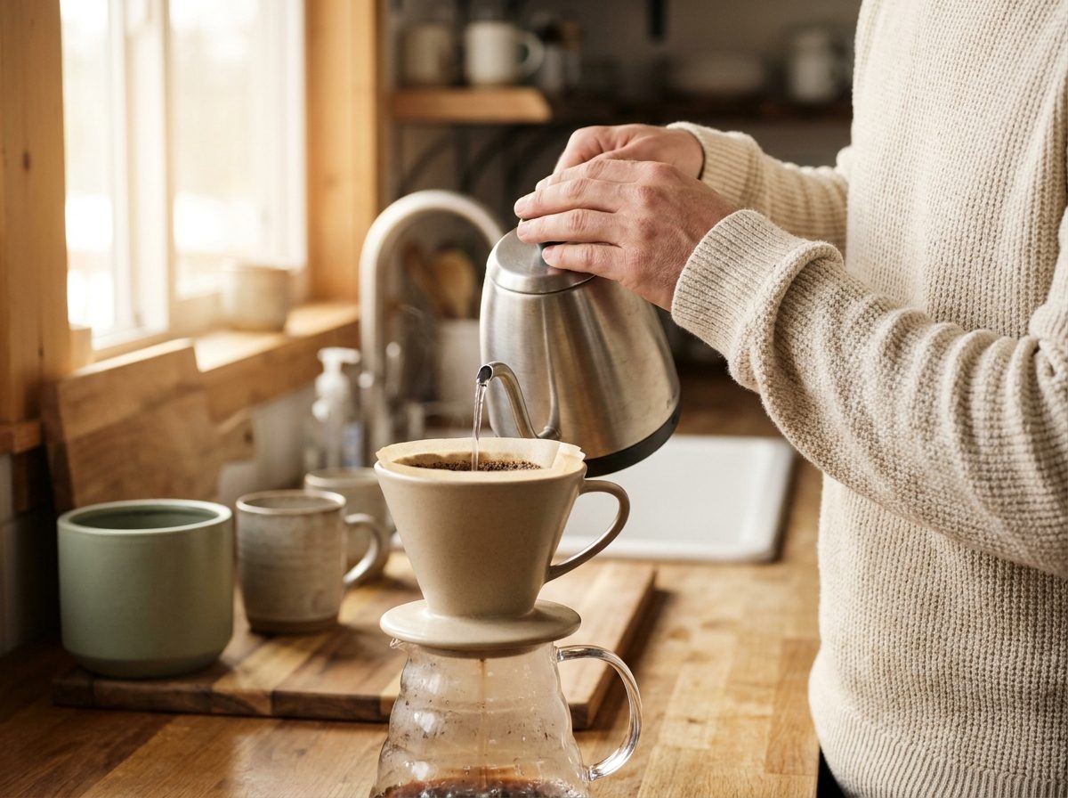 Hands making pour-over coffee at a kitchen counter in morning light.