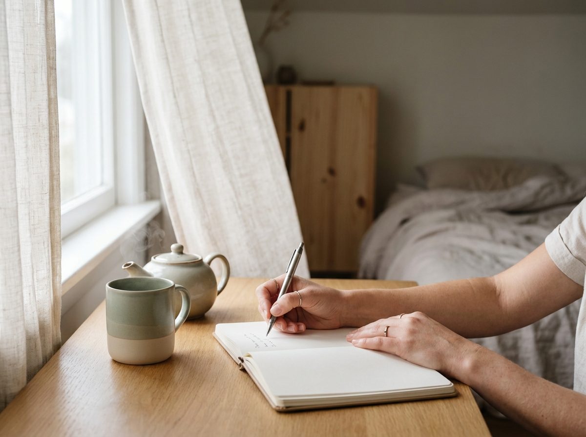Hands writing in a notebook at a desk beside a cup of tea.