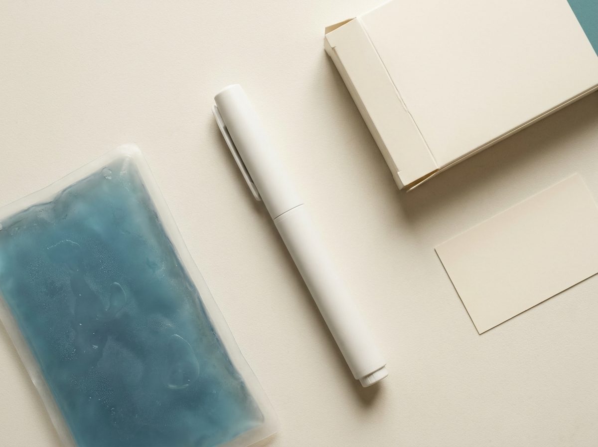 A month's supply as it arrives: the pen, a cold pack, a plain box and a dosing card.