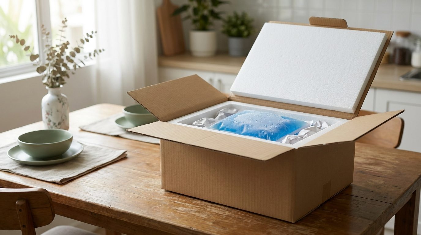 An insulated courier box opened on a table, with a cold pack inside.
