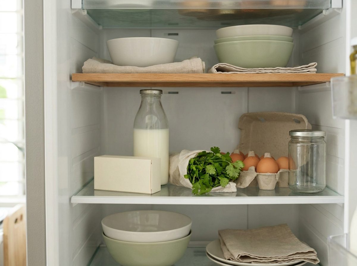 The medicine box on an ordinary fridge shelf beside everyday food.