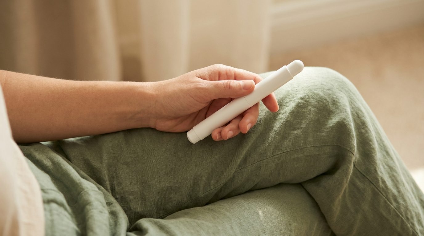 A hand resting on a lap, holding the pen with its cap on.